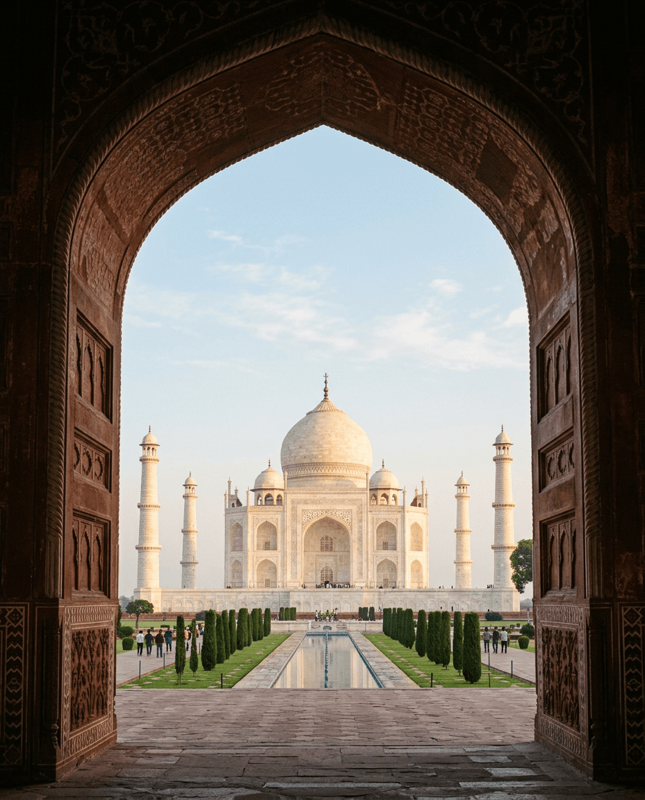 The Taj Mahal framed through its red sandstone entrance gateway in Agra
