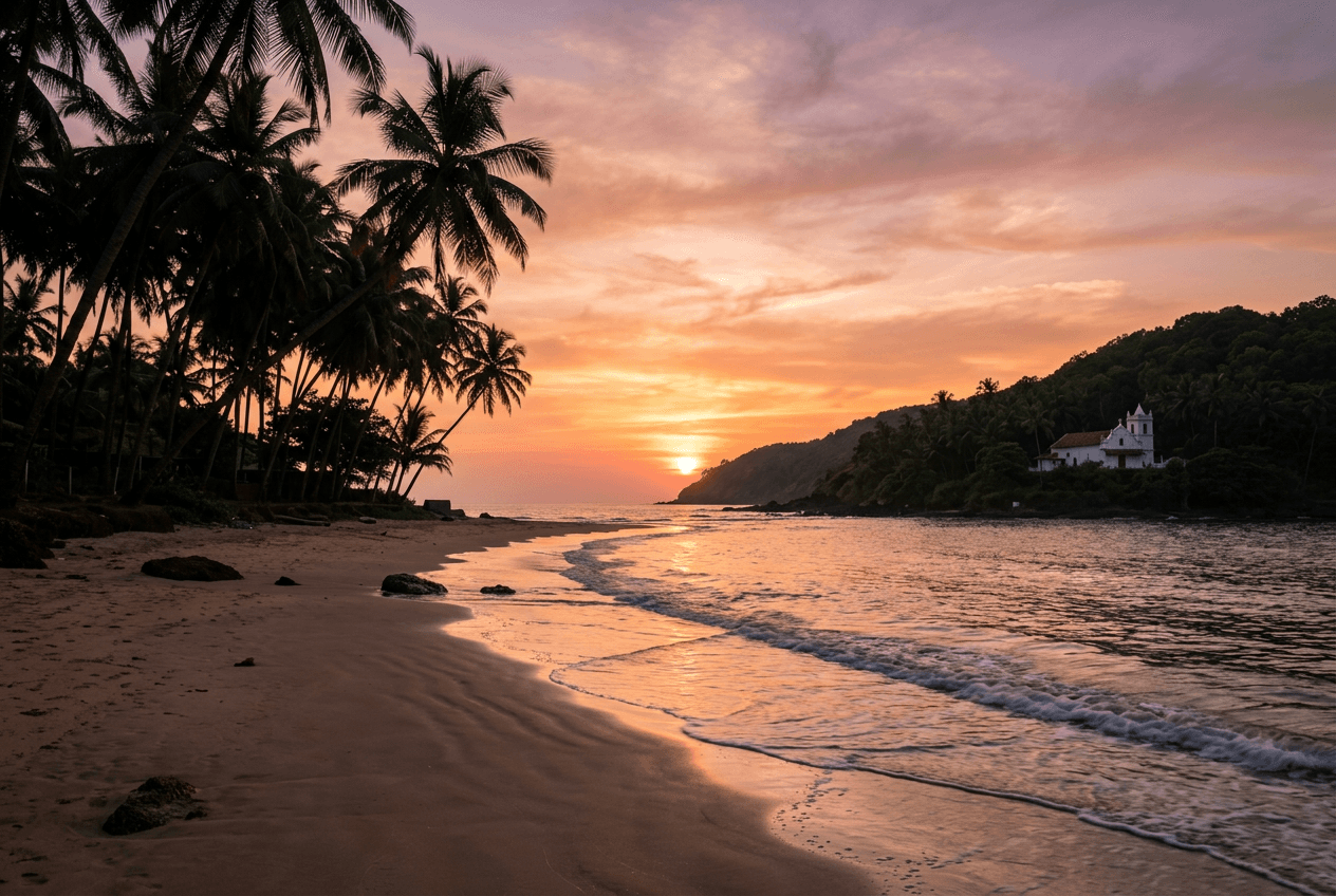 A quiet palm-fringed Goa beach at sunset with a whitewashed church on the hillside
