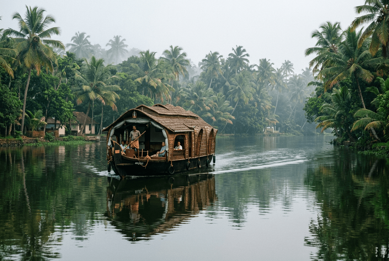 A traditional houseboat on the calm backwaters of Kerala lined with coconut palms