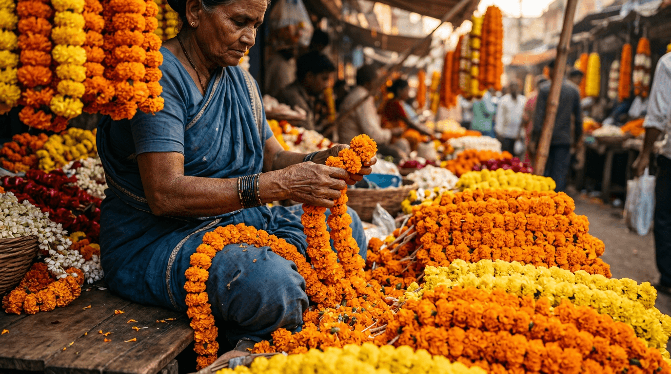 Stacks of bright orange marigold garlands at a busy Indian flower market