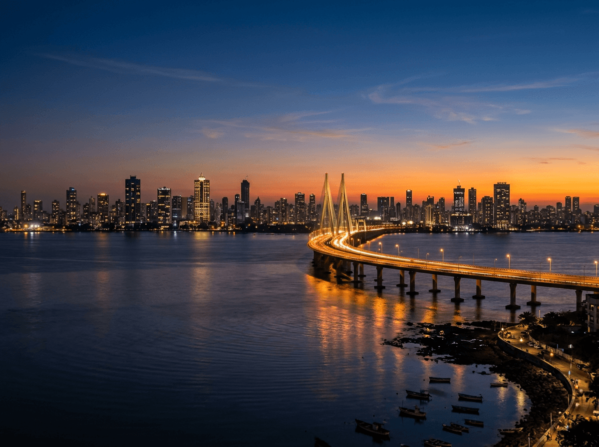 Mumbai skyline and the Bandra-Worli Sea Link glowing at blue hour