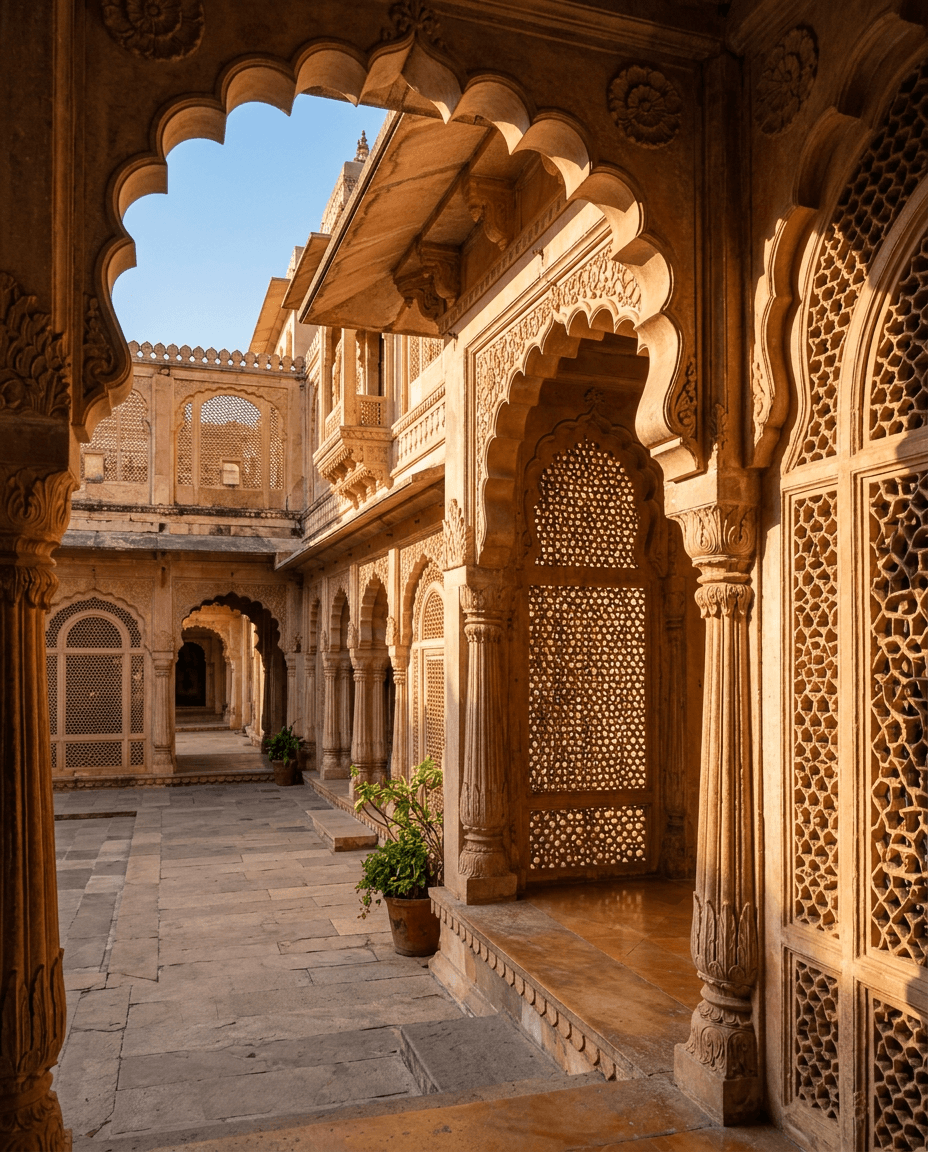 Carved sandstone arches in a Rajasthan palace courtyard casting patterned shadows