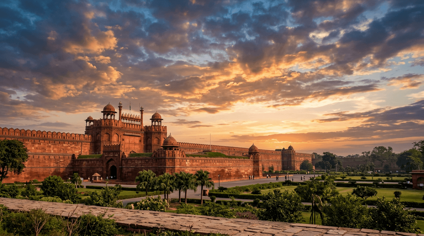 The Red Fort in Delhi glowing in the warm light of early evening