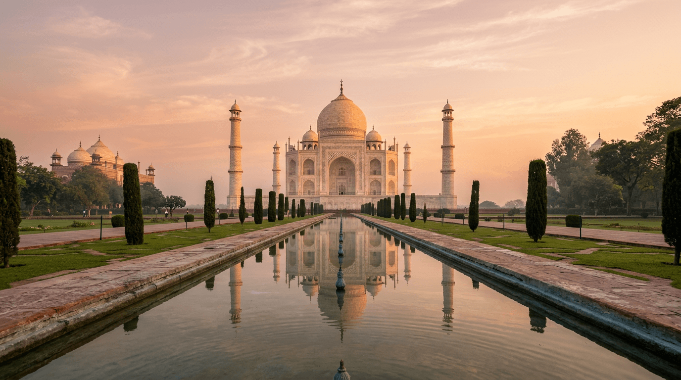 The Taj Mahal at sunrise reflected in the long central pool, with cypress trees lining the gardens