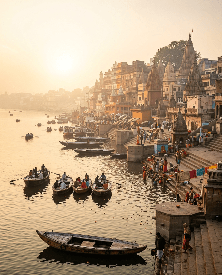 Wooden boats on the Ganges at sunrise beside the historic ghats of Varanasi