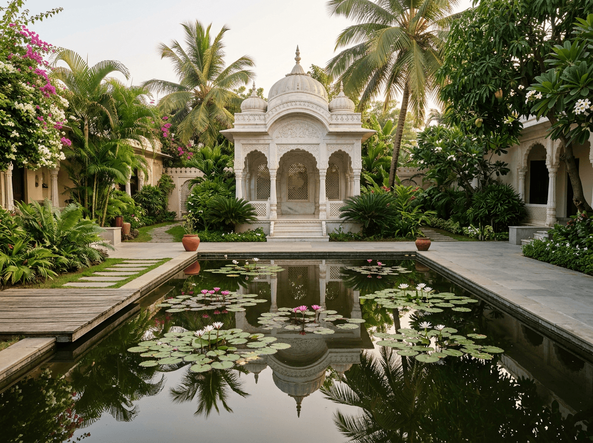 A tranquil Indian wellness courtyard with a still lotus pond and white marble pavilion